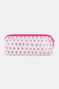 The Roller Rabbit Hearts Makeup Bag is a white, water-resistant canvas bag featuring a pink zipper and a pattern of small pink hearts.