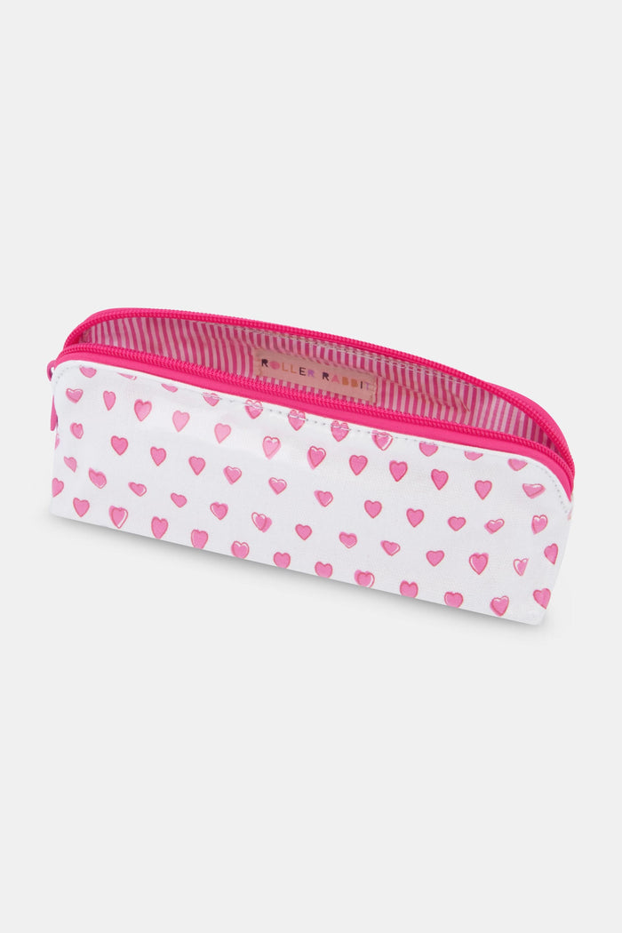 The Roller Rabbit Hearts Makeup Bag is a white, water-resistant canvas bag featuring a pink zipper and a pattern of small pink hearts.