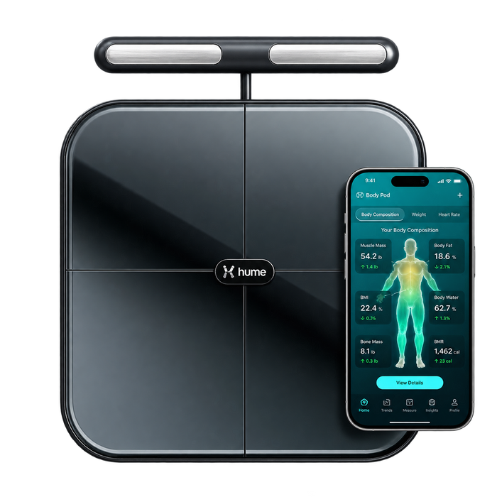 Hume Health Body Pod smart body composition scale with handheld sensors for tracking body fat, muscle mass and other body composition metrics.