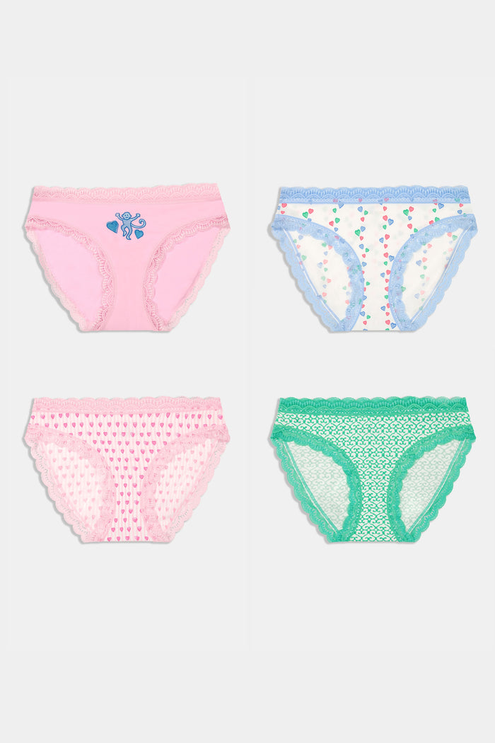 Roller Rabbit Icons Bikini 4 Pack features four girls' panties: solid pink with butterfly, white with colorful dots and blue trim, pink with hearts, and green geometric modal with lace trim.