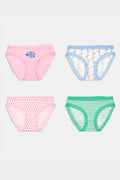 Roller Rabbit Icons Bikini 4 Pack features four girls' panties: solid pink with butterfly, white with colorful dots and blue trim, pink with hearts, and green geometric modal with lace trim.