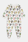 White infant footed onesie featuring playful pink, green, orange, yellow, and black cartoon monkey and cat illustrations, displayed flat on a plain background. Crafted from soft Pima cotton baby pajamas fabric, the Roller Rabbit Infant Boo Crew Zipper Footie is perfect for your little one.
