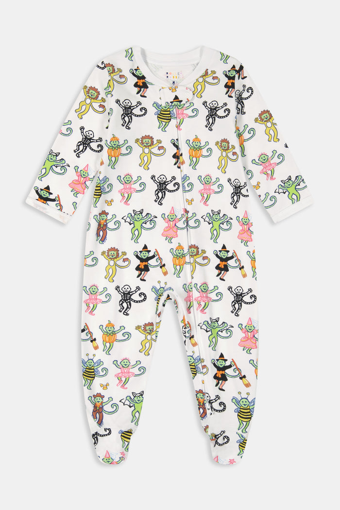 White infant footed onesie featuring playful pink, green, orange, yellow, and black cartoon monkey and cat illustrations, displayed flat on a plain background. Crafted from soft Pima cotton baby pajamas fabric, the Roller Rabbit Infant Boo Crew Zipper Footie is perfect for your little one.