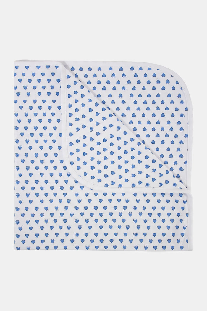 The Roller Rabbit Infant Hearts Receiving Blanket, made from soft Pima cotton, features small blue hearts and rounded corners. The blanket is shown folded at one corner to reveal both sides.