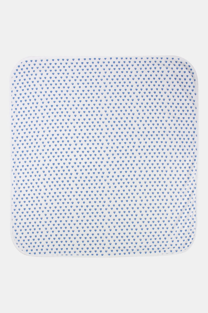 The Roller Rabbit Infant Hearts Receiving Blanket, made from soft Pima cotton, features small blue hearts and rounded corners. The blanket is shown folded at one corner to reveal both sides.
