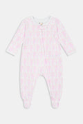 A long-sleeve, footed baby onesie made from 100 Pima cotton, featuring a lovely monkey pattern on a white background with a diagonal two-way zipper closure, from Roller Rabbit's Infant Lovely Monkey Zipper Footie collection.