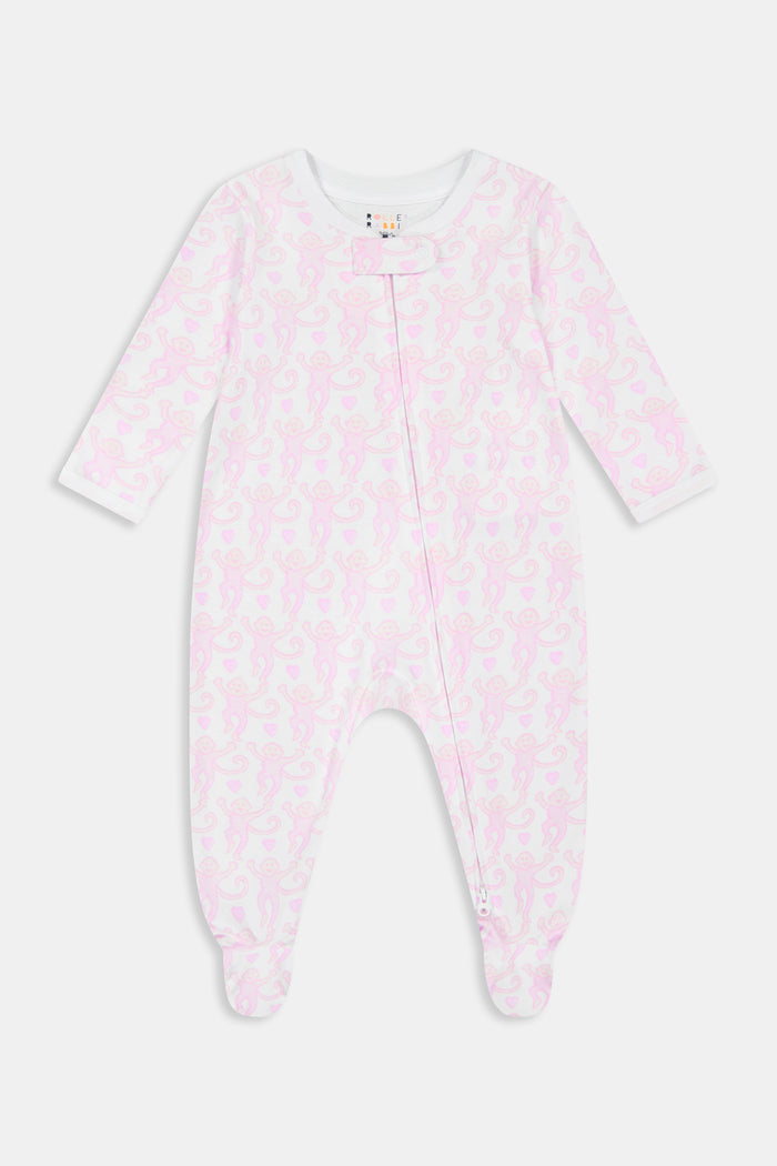 A long-sleeve, footed baby onesie made from 100 Pima cotton, featuring a lovely monkey pattern on a white background with a diagonal two-way zipper closure, from Roller Rabbit's Infant Lovely Monkey Zipper Footie collection.