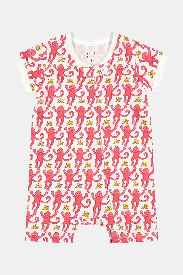 The Roller Rabbit Infant Monkey Short Sleeve Zipper Onesie features playful pink monkeys and yellow bananas on a white background, with white trim for comfort. Made from breathable Pima cotton, it's perfect for infants.
