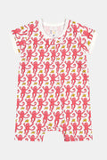The Roller Rabbit Infant Monkey Short Sleeve Zipper Onesie features playful pink monkeys and yellow bananas on a white background, with white trim for comfort. Made from breathable Pima cotton, it's perfect for infants.