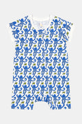 The Roller Rabbit Infant Monkey Short Sleeve Zipper Onesie is made from soft white Pima cotton, features a blue monkey and yellow star print, short sleeves, and a convenient front zipper for easy changes.