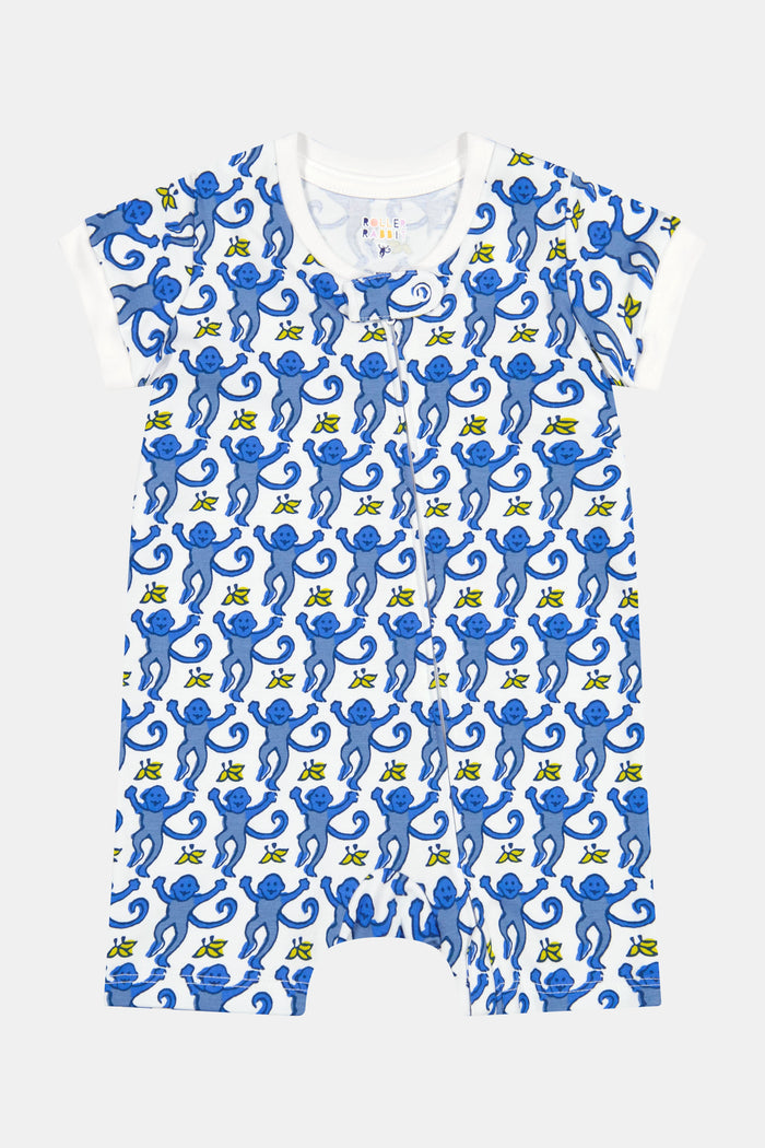 The Roller Rabbit Infant Monkey Short Sleeve Zipper Onesie is made from soft white Pima cotton, features a blue monkey and yellow star print, short sleeves, and a convenient front zipper for easy changes.