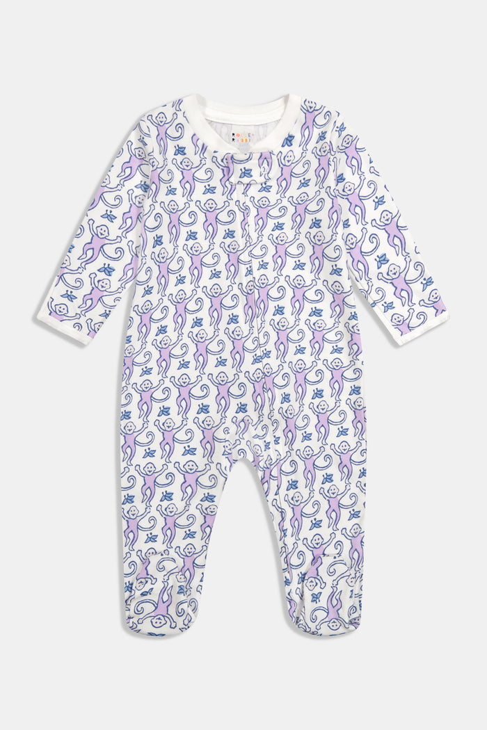 The Roller Rabbit Infant Monkey Zipper Footie is a white long-sleeve baby pajama featuring a playful monkey print, soft Pima Cotton fabric, a convenient front zipper closure, and a comfortable round neckline.
