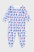 The Roller Rabbit Infant Sammy The Sheep Zipper Footie, shown on a plain light background, features a blue and white pattern with playful blue and pink sea creatures, long sleeves, two-way front zipper, and fold-over mitten cuffs.