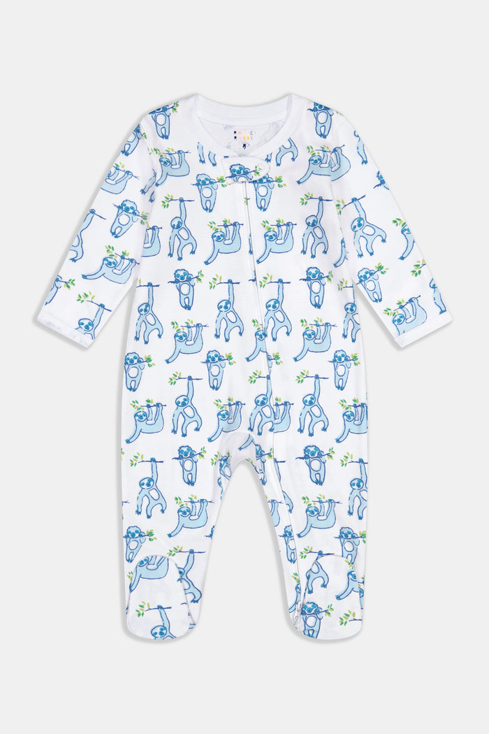 The Roller Rabbit Infant Sleepy Sloth Zipper Footie is a white long-sleeve onesie with blue sloths on green branches, made from 100 Pima cotton and featuring a convenient zipper for easy changing.