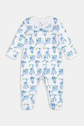The Roller Rabbit Infant Sleepy Sloth Zipper Footie is a white long-sleeve onesie with blue sloths on green branches, made from 100 Pima cotton and featuring a convenient zipper for easy changing.