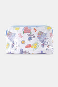 The Roller Rabbit Italy Monkey Makeup Bag is a white, water-resistant cotton canvas pouch with colorful Italian landmarks, lemons, monkeys, a red car, and a Vespa. A light blue zipper completes this playful makeup bag.