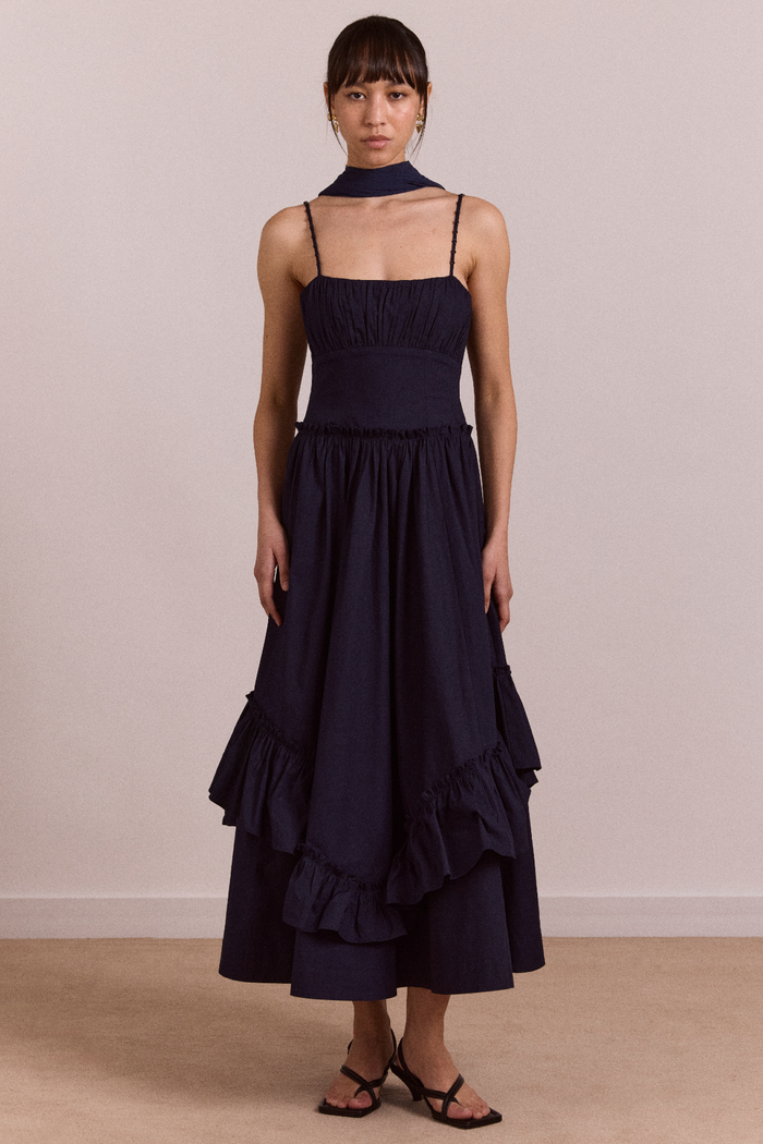 Juno Midi Dress With Sheer Scarf- Navy