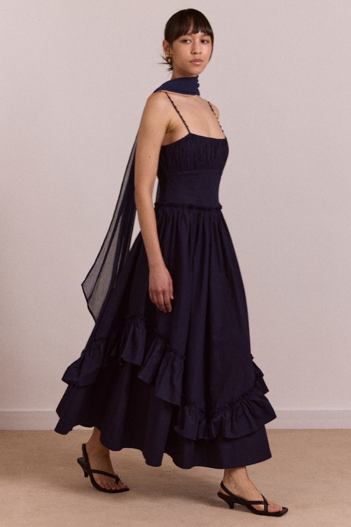 Juno Midi Dress With Sheer Scarf- Navy