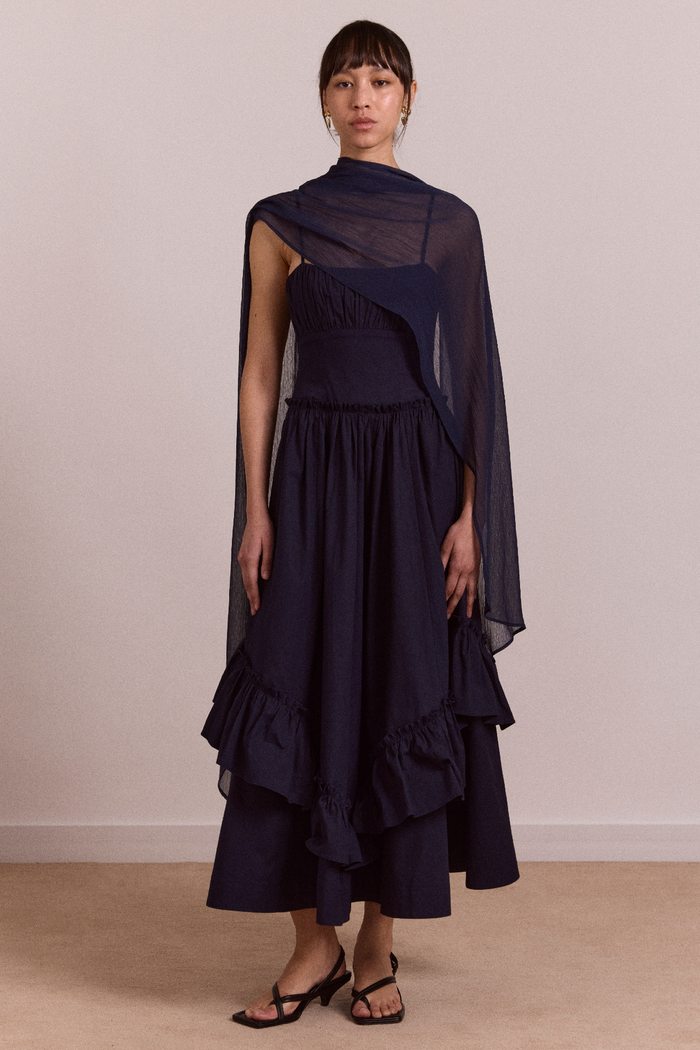 Juno Midi Dress With Sheer Scarf- Navy