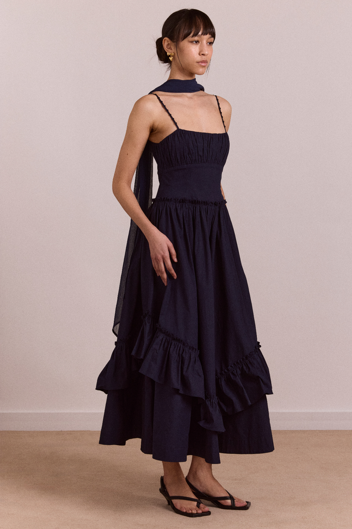 Juno Midi Dress With Sheer Scarf- Navy