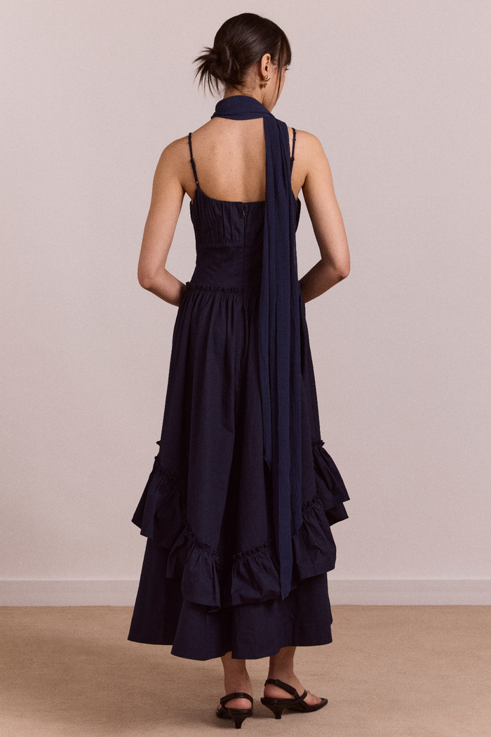 Juno Midi Dress With Sheer Scarf- Navy