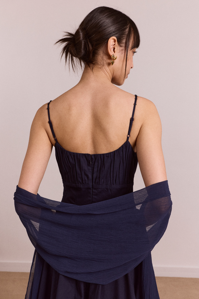 Juno Midi Dress With Sheer Scarf- Navy
