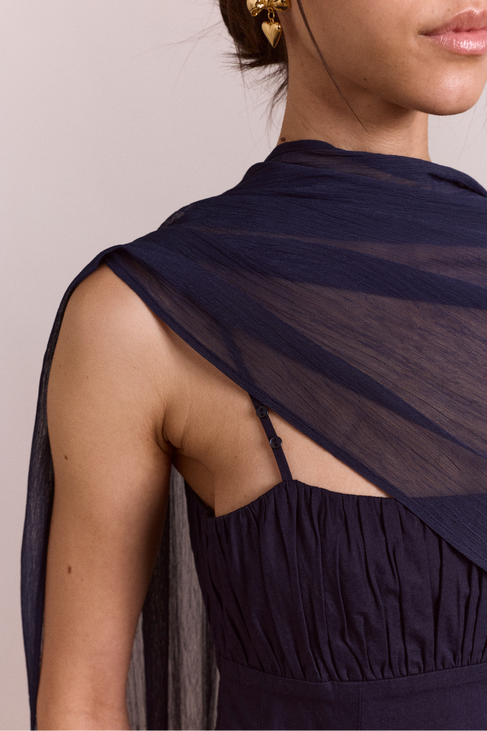 Juno Midi Dress With Sheer Scarf- Navy