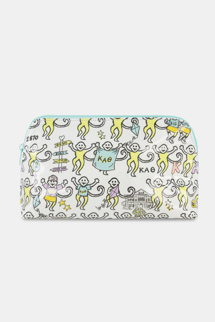 Show your Kappa Alpha Theta pride with the Roller Rabbit Kappa Alpha Theta Monkey Makeup Bag—a zippered bag featuring a playful pattern of cartoon monkeys, Greek letters, stars, and vibrant yellow, purple, and teal illustrations on a white background. Perfect as a Sorority Gift or for everyday use!.