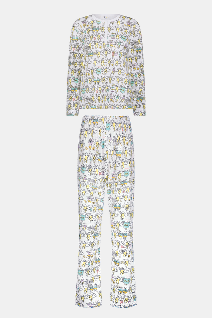 The Roller Rabbit Kappa Alpha Theta Monkey Pajamas set features a white, long-sleeved buttoned top and matching pants, both adorned with a vibrant all-over cartoon print of playful animal characters, including cheerful monkeys.