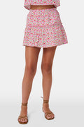 A Roller Rabbit Kids Garden Gate Floral Alexis Skirt with matching briefs, both showcasing a pink, green, and white flower pattern, is displayed on a plain white background. This cotton skirt is ideal for girls who love playful floral prints.