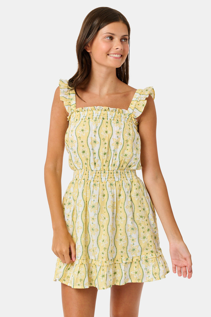 A girl wears the Roller Rabbit Kids Lillian Floral Stripe Tristan Dress, a cotton sundress with green and white stripes, floral patterns, ruffled straps, and a ruffled hem, standing with a smile and one arm relaxed at her side.