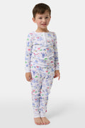 Crafted from soft Pima cotton, the Roller Rabbit Monkey On The Vineyard Long Sleeve Polo Pajamas feature a button-up long-sleeve top and long pants adorned with the playful Monkey on the Vineyard print, showcasing various animals, objects, and buildings on a plain white background.