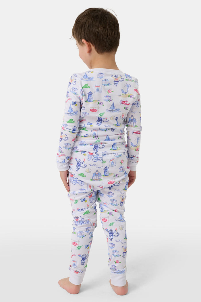 Crafted from soft Pima cotton, the Roller Rabbit Monkey On The Vineyard Long Sleeve Polo Pajamas feature a button-up long-sleeve top and long pants adorned with the playful Monkey on the Vineyard print, showcasing various animals, objects, and buildings on a plain white background.