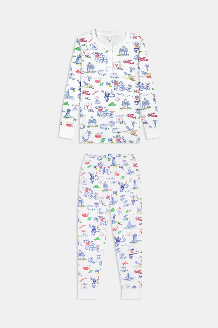 Crafted from soft Pima cotton, the Roller Rabbit Monkey On The Vineyard Long Sleeve Polo Pajamas feature a button-up long-sleeve top and long pants adorned with the playful Monkey on the Vineyard print, showcasing various animals, objects, and buildings on a plain white background.