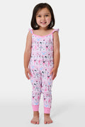 The Kids Monkey Pirouette Blaire Pajamas by Roller Rabbit is a children's pajama set crafted from soft Pima cotton, featuring a sleeveless top with ruffled straps and long pants, both in white with a playful pink, blue, and black monkey cartoon print and pink trim.
