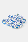 A pair of Roller Rabbit Kids Monkey Pool Slides with a blue and purple swirling floral pattern and green accents, shown side by side on a plain white background.