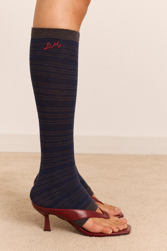 Knee Length Toeless Socks - Blue Stripe