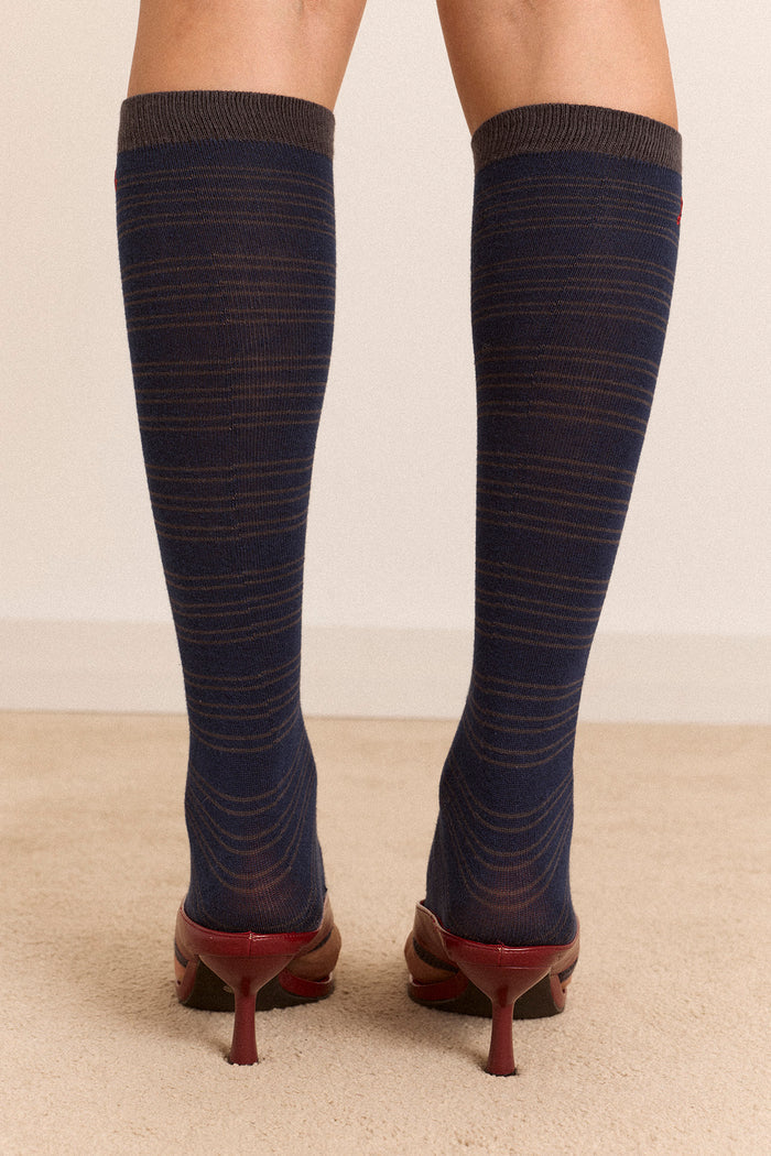 Knee Length Toeless Socks - Blue Stripe