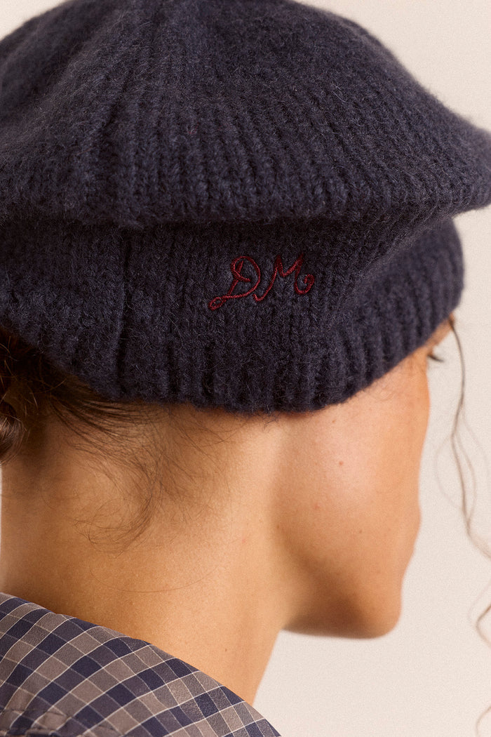 Knitted Pom Pom Beret - Navy