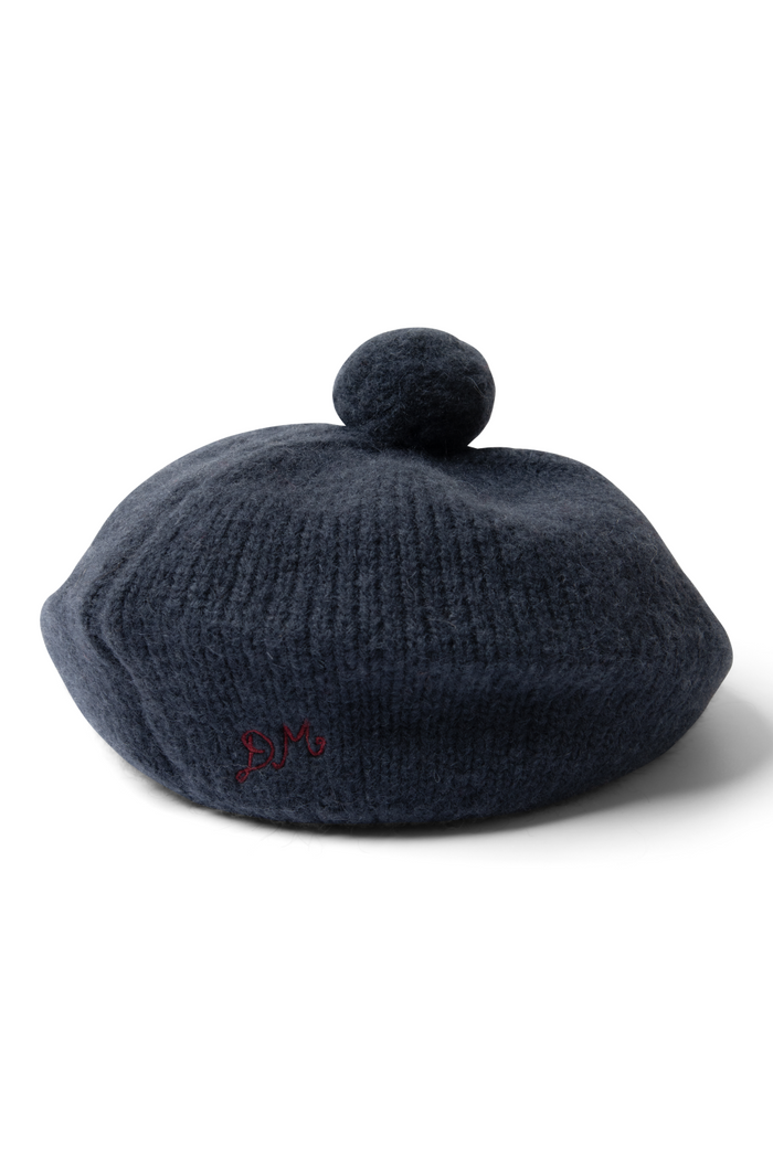 Knitted Pom Pom Beret - Navy
