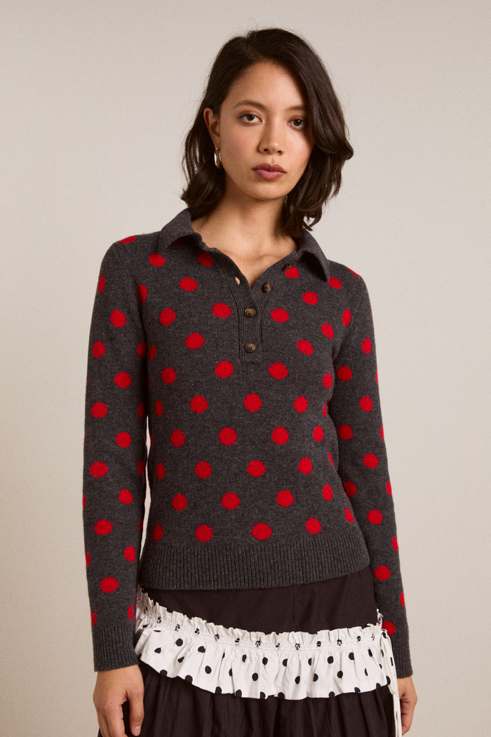 Lia Merino Wool Reversible Polo Jumper - Red/Grey Spot