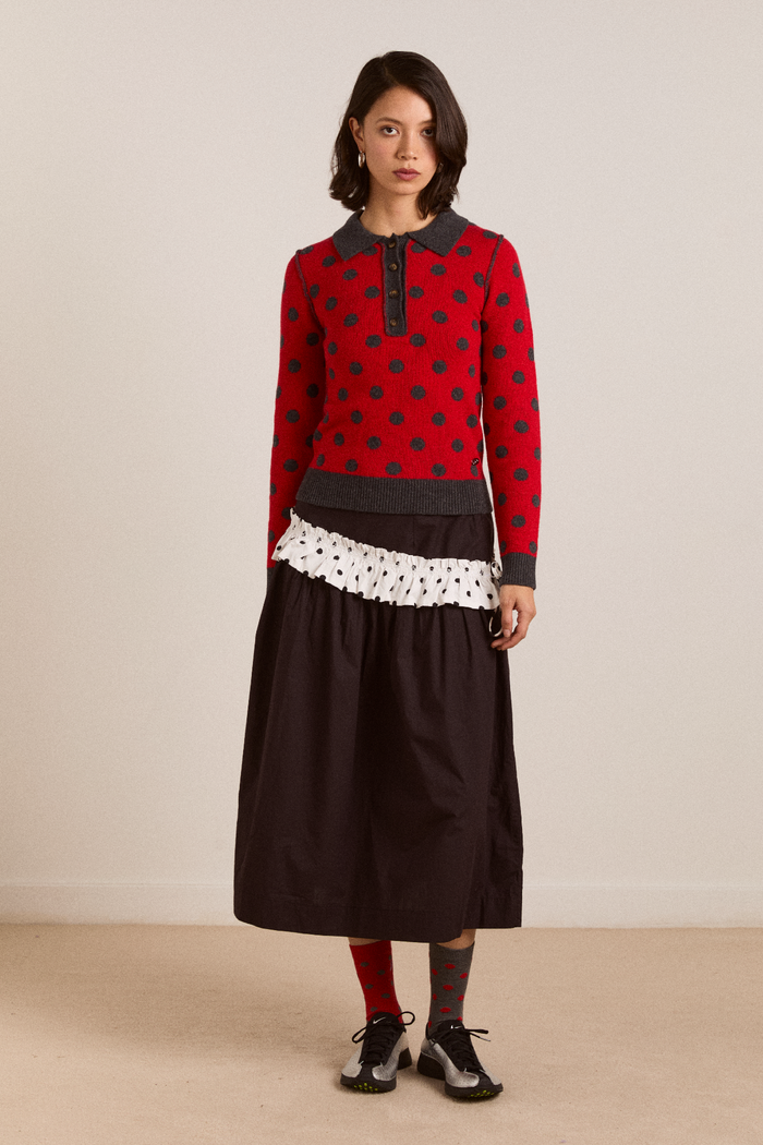 Lia Merino Wool Reversible Polo Jumper - Red/Grey Spot