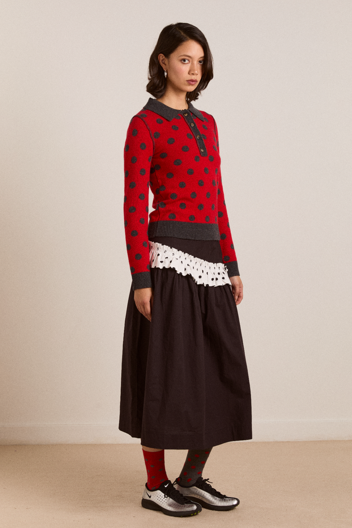 Lia Merino Wool Reversible Polo Jumper - Red/Grey Spot