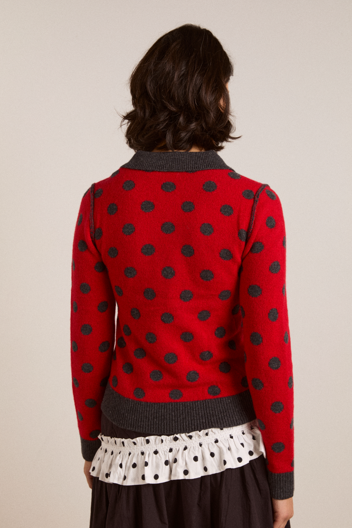 Lia Merino Wool Reversible Polo Jumper - Red/Grey Spot