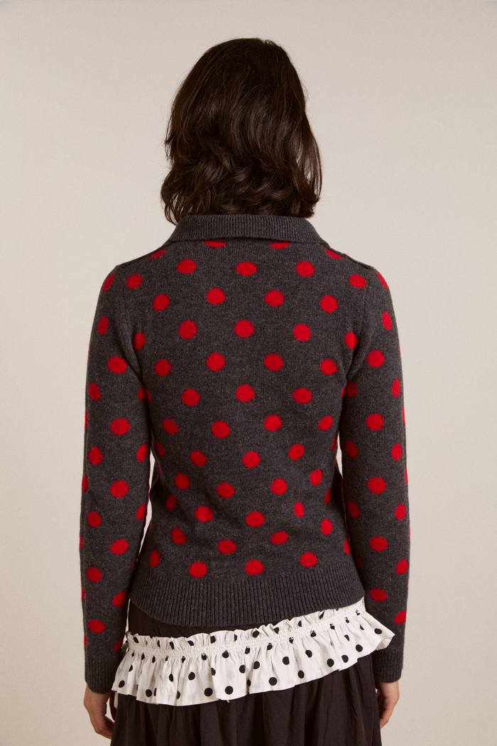 Lia Merino Wool Reversible Polo Jumper - Red/Grey Spot