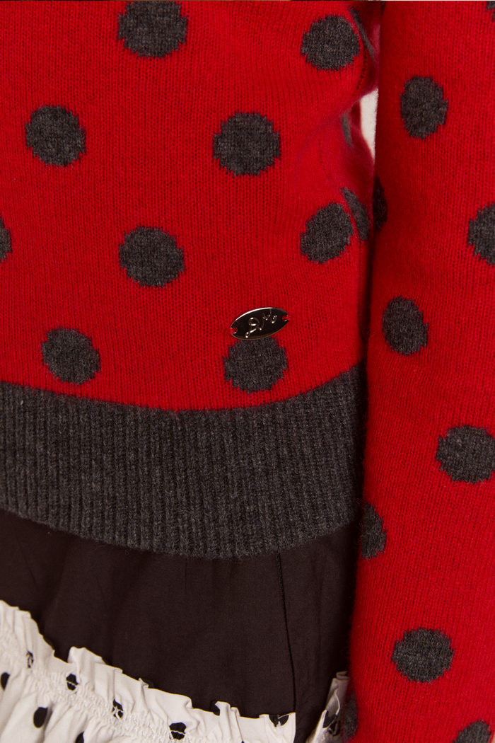 Lia Merino Wool Reversible Polo Jumper - Red/Grey Spot
