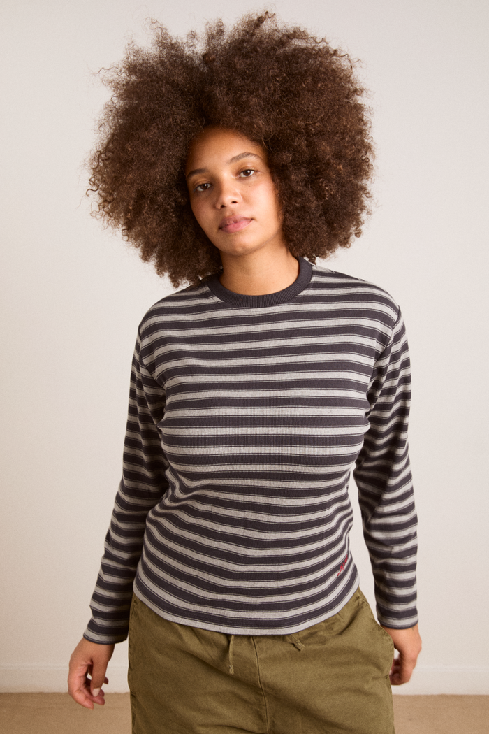 Lilah Fitted Ls Tee - Grey Marl Stripe