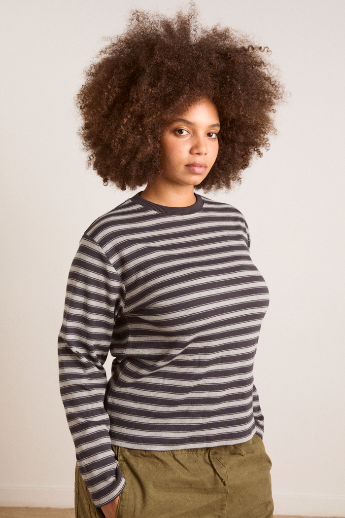 Lilah Fitted Ls Tee - Grey Marl Stripe