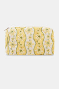 The Lillian Floral Stripe Quilted Makeup Bag by Roller Rabbit is a rectangular makeup bag with a zipper, crafted from quilted cotton fabric in a yellow and white floral stripe pattern accented with green, and is showcased against a plain white background.