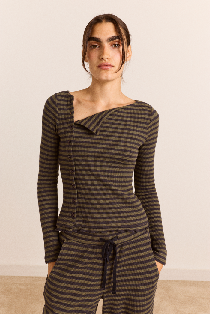 Lizzie Long Sleeve Top - Green/Grey Stripe
